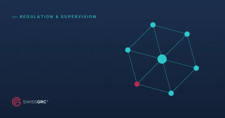 Image d'article Swiss GRC montrant le logo et un graphique de réseau abstrait en sarcelle foncé, catégorie Réglementation et surveillance