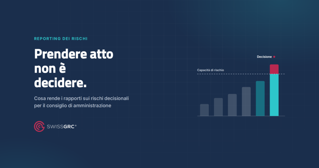 Grafico a barre crescenti che restano sotto la linea della capacità di rischio finché l’ultima la supera ed è contrassegnata come decisione. Titolo: Prendere atto non è decidere. Title: Reporting dei rischi – Prendere atto non è decidere