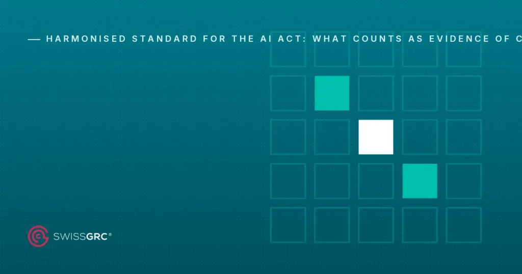 Immagine dell'articolo Swiss GRC con il logo e una grafica astratta a griglia di controllo blu, categoria Norma armonizzata per l'AI Act: cosa conta ora come prova di conformità?