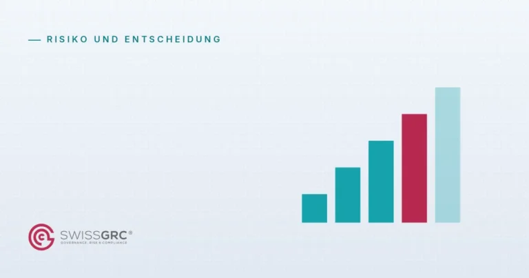 Beitragsbild von Swiss GRC mit dem Logo und Reifegradstufen als abstrakter Grafik in Navy, Rubrik Risiko und Entscheidung