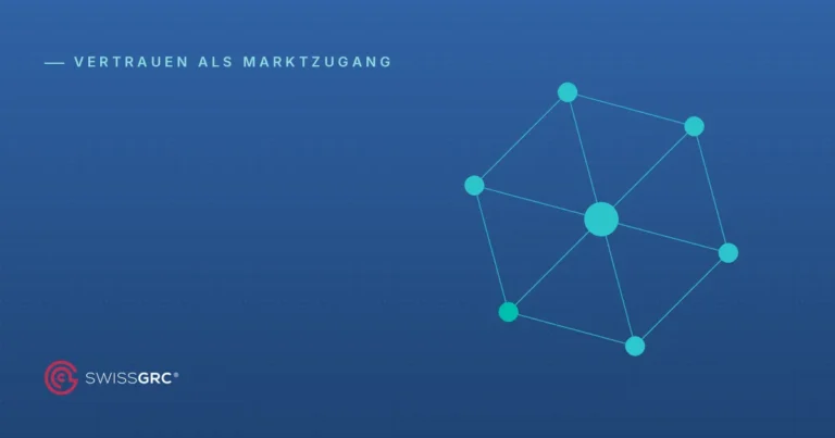 Beitragsbild von Swiss GRC mit dem Logo und Netzwerk als abstrakter Grafik in Blau, Rubrik Vertrauen als Marktzugang