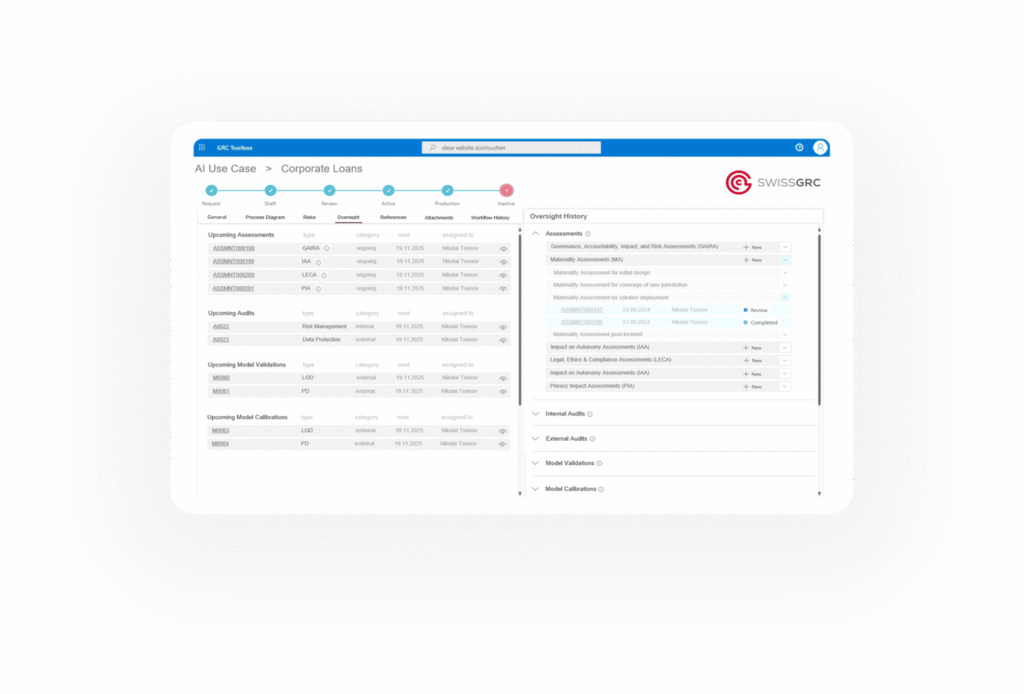 Supervision et surveillance avec évaluations, audits et validations de modèles à échéance, et historique complet dans la Plateforme SwissGRC