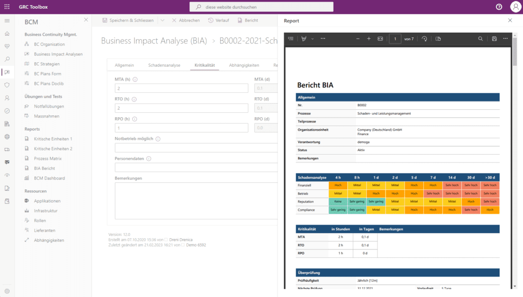 Analyse d'impact sur l'activité dans la Plateforme SwissGRC