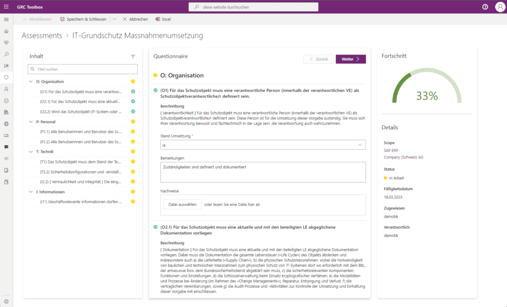 Dashboard view of IT-Grundschutz: left navigation with sections, middle questionnaire form, and right progress gauge at 33%.