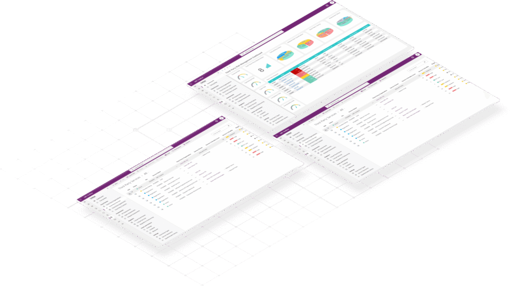 Views from the Third-Party Risk Management solution of the SwissGRC Platform: risk dashboard, service catalogue and criticality rating